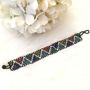 Hand Beaded Mexican Huichol Bracelet Colorful Multicolor Zig Zag Rainbow‎
